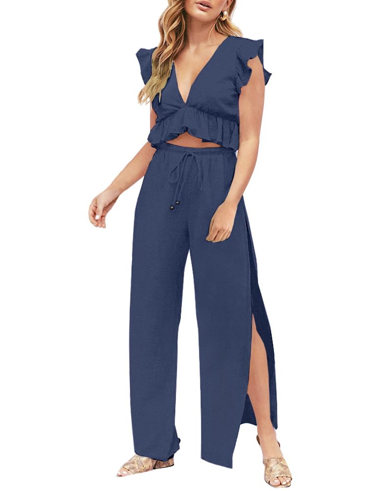 FANCYINN Womens 2 Pieces Outfits Deep V Neck Crop Top Side Slit Drawstring Wide Leg Pants Set Jumpsuits Navy Blue L - Image 1